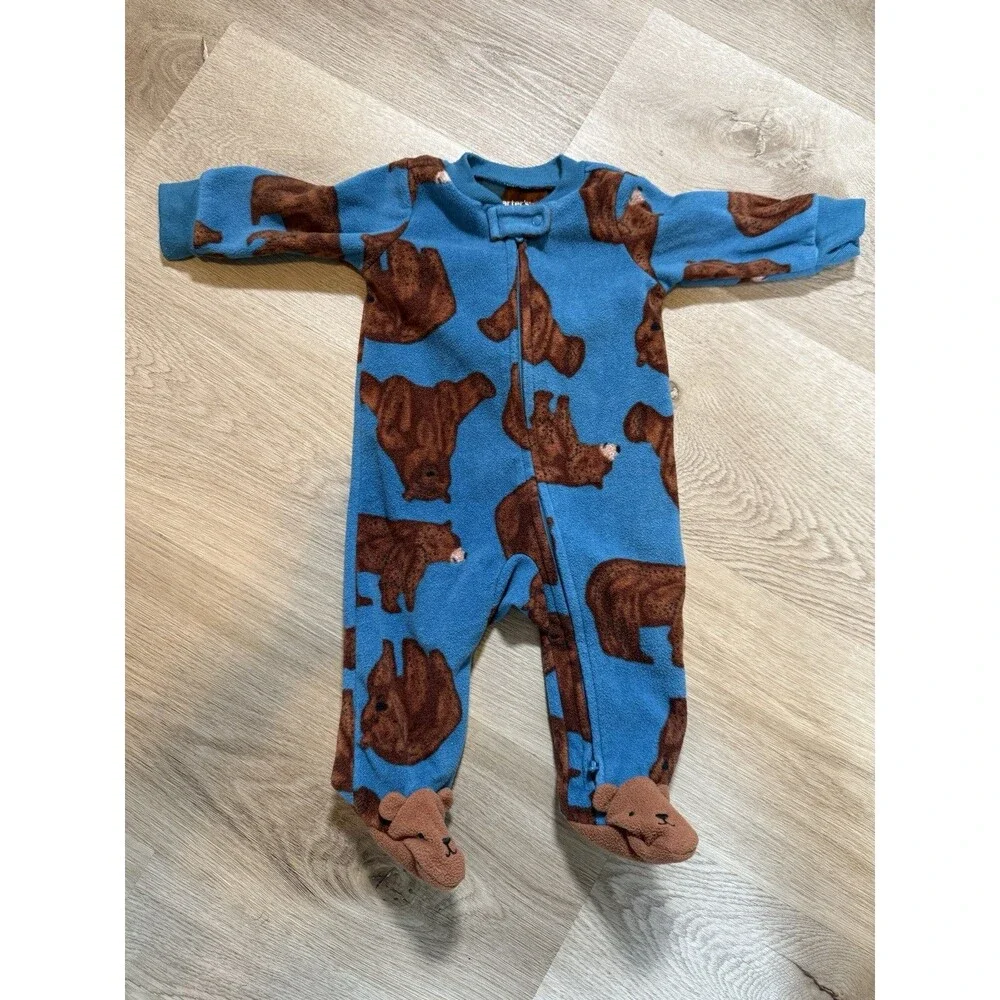 Carters 3 Month Fleece Footed Sleeper Blue Brown Bear Print Zip Up 3D Feet
